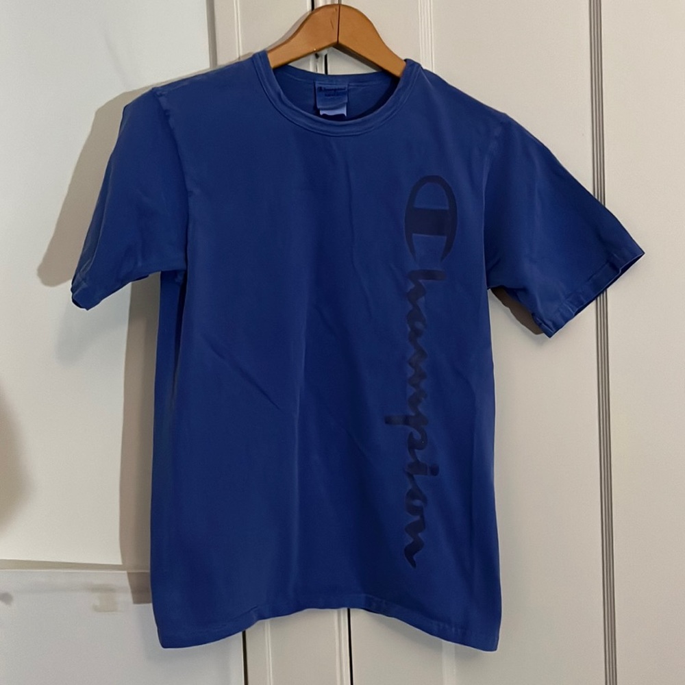 ✅ CHAMPION Spell Out Short Sleeve Athletic Crewneck Tee T Shirt 100% Cotton Blue